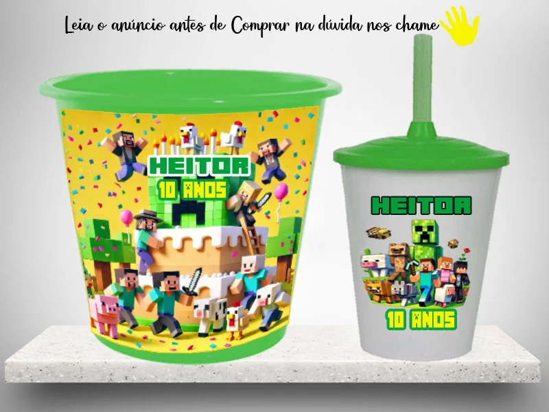Kit Balde de Pipoca 1 litro+ Copo Twister Personalizado do Minecraft - Imagem 3