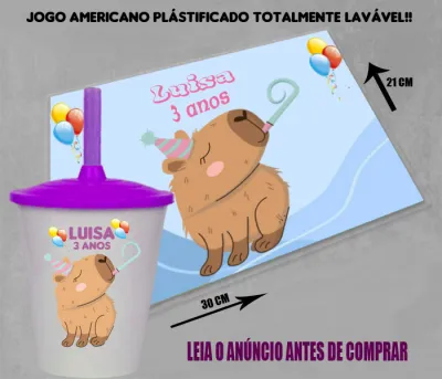 Kit Jogo Americano Sousplast Plastificado+copo twister personalizado da Capivara