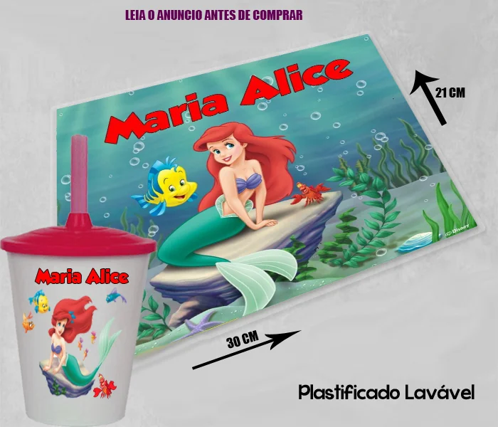 Kit Jogo Americano Sousplast Plastificado+copo twister personalizado da Sereia Ariel - Imagem 2