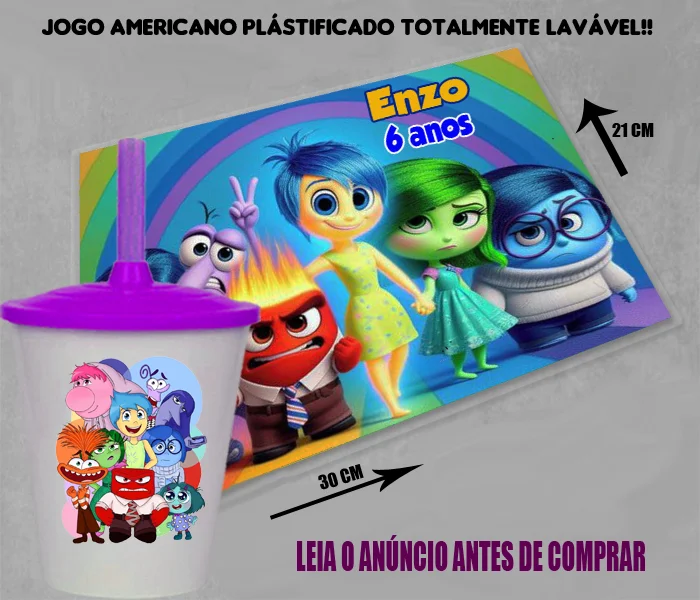Kit Jogo Americano Sousplast Plastificado+copo twister personalizado Divertidamente - Imagem 2