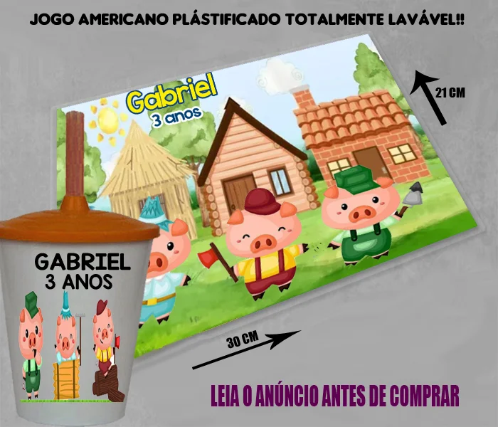 Kit Jogo Americano Sousplast Plastificado+copo twister personalizado dos Três Porquinhos - Imagem 3