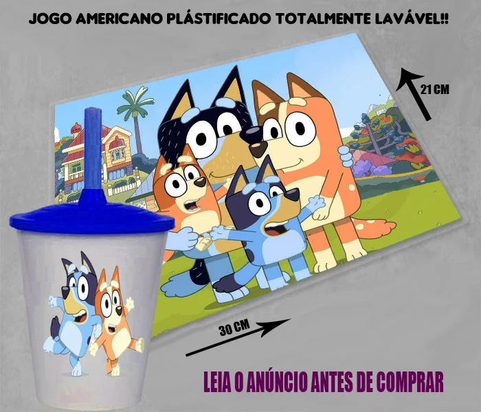 Kit Jogo Americano Sousplast Plastificado+copo twister personalizado Bluey e Bingo - Imagem 3