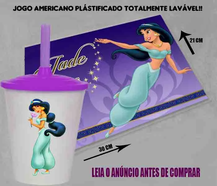Kit Jogo Americano Sousplast Plastificado+copo twister personalizado Princesa Jasmine - Imagem 1
