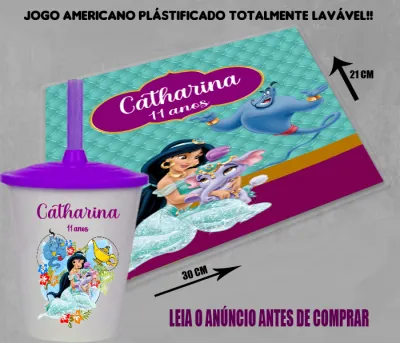 Kit Jogo Americano Sousplast Plastificado+copo twister personalizado Princesa Jasmine