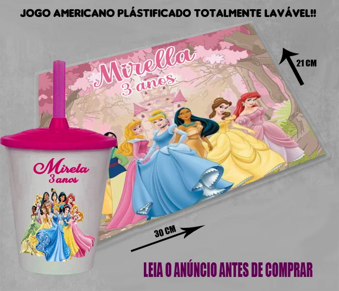 Kit Jogo Americano Sousplast Plastificado+copo twister personalizado da Princesas - Imagem 2