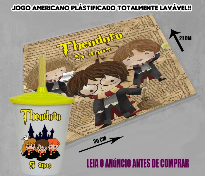 Kit Jogo Americano Sousplast Plastificado+copo twister personalizado do Harry Potter - Imagem 2