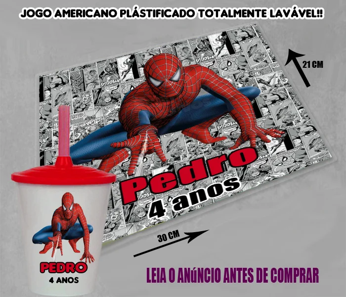 Kit Jogo Americano Sousplast Plastificado+copo twister personalizado do Homem Aranha - Imagem 3