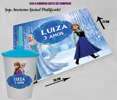 Kit Jogo Americano Sousplast Plastificado+copo twister personalizado Frozen Ana e Elza