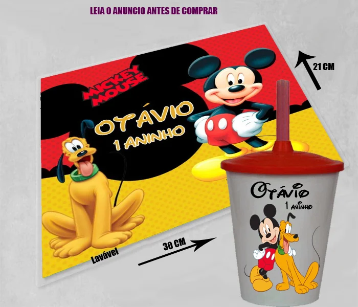 Kit Jogo Americano Sousplast Plastificado+copo twister personalizado Mickey e Pluto - Imagem 1