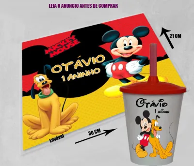 Kit Jogo Americano Sousplast Plastificado+copo twister personalizado Mickey e Pluto