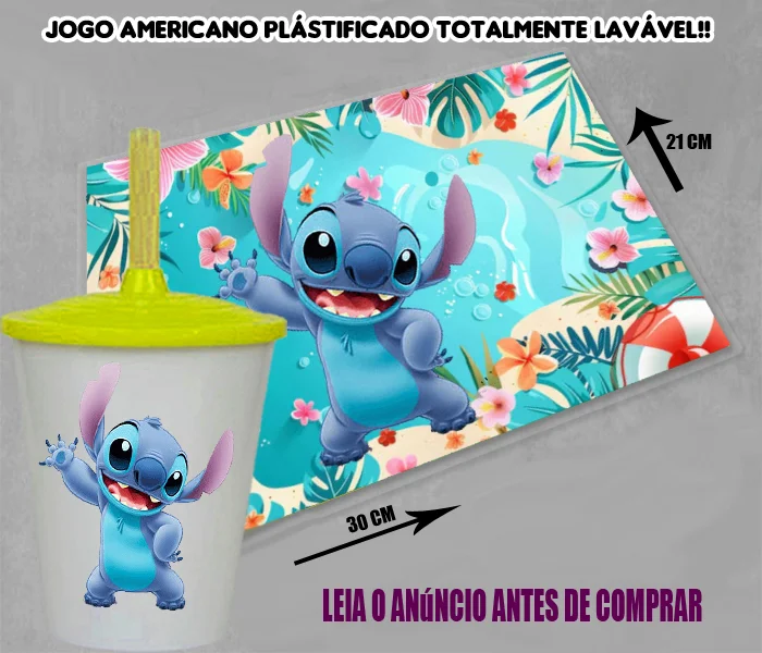 Kit Jogo Americano Sousplast Plastificado+copo twister personalizado Stitch - Imagem 3