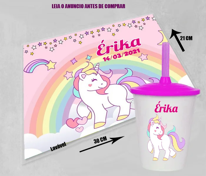 Kit Jogo Americano Sousplast Plastificado+copo twister personalizado do Unicornio - Imagem 2