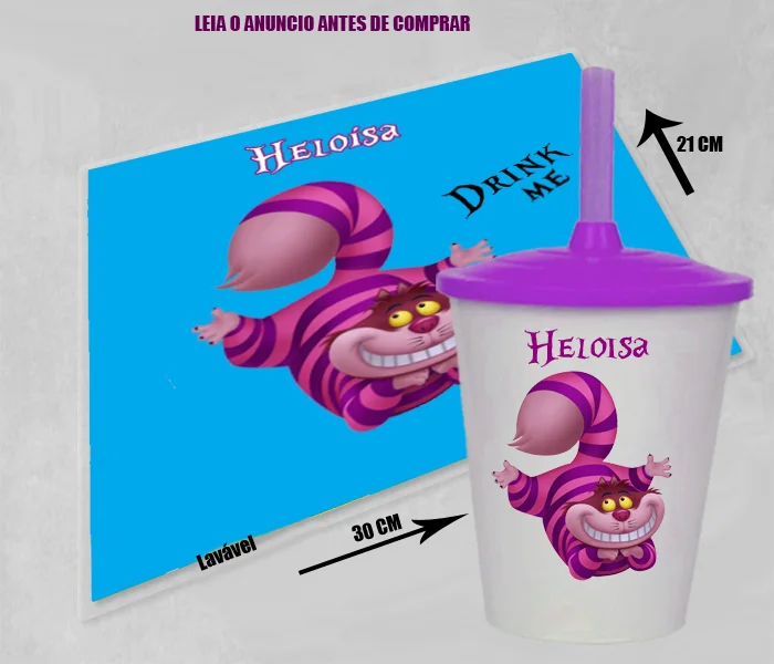 Kit Jogo Americano Sousplast Plastificado+copo twister personalizado Gato Risonho - Imagem 1