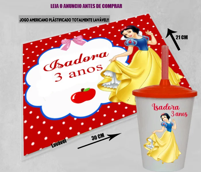 Kit Jogo Americano Sousplast Plastificado+copo twister personalizado da Branca de Neve - Imagem 2