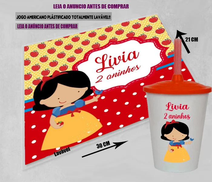 Kit Jogo Americano Sousplast Plastificado+copo twister personalizado Branca de Neve Cute - Imagem 3