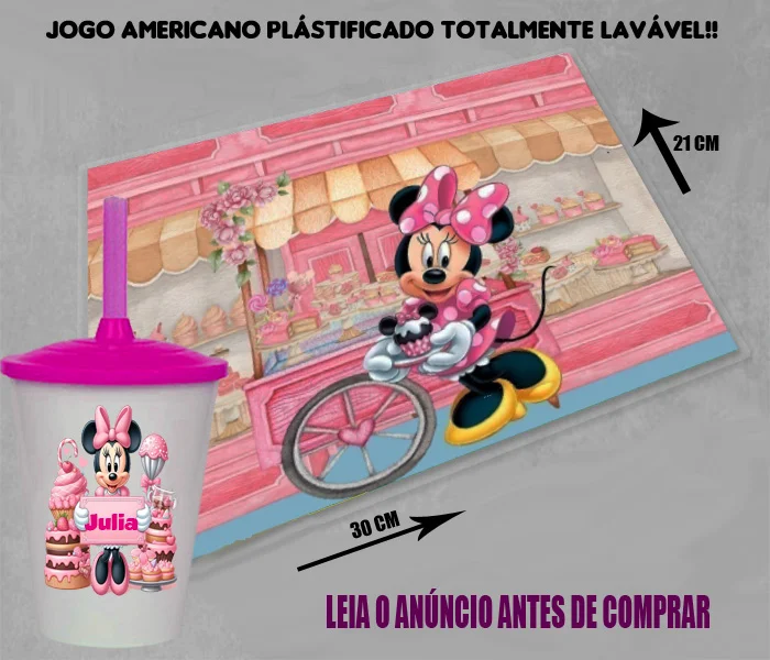 Kit Jogo Americano Sousplast Plastificado+copo twister personalizado Minnie Confeiteira - Imagem 3