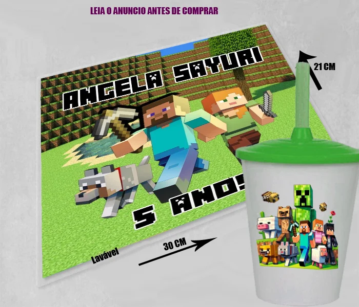 Kit Jogo Americano Sousplast Plastificado+copo twister personalizado Minecraft - Imagem 2
