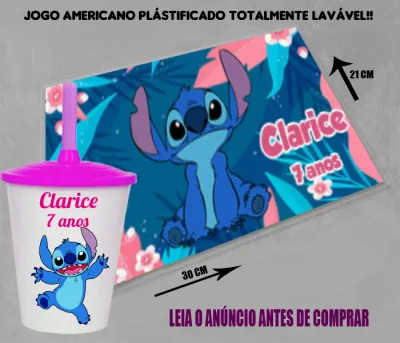 Kit Jogo Americano Sousplast Plastificado+copo twister personalizado do Stitch