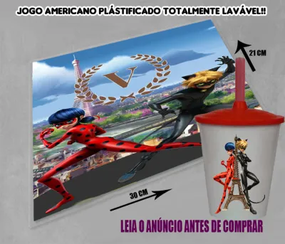 Kit Jogo Americano Sousplast Plastificado+copo twister personalizado Miraculus