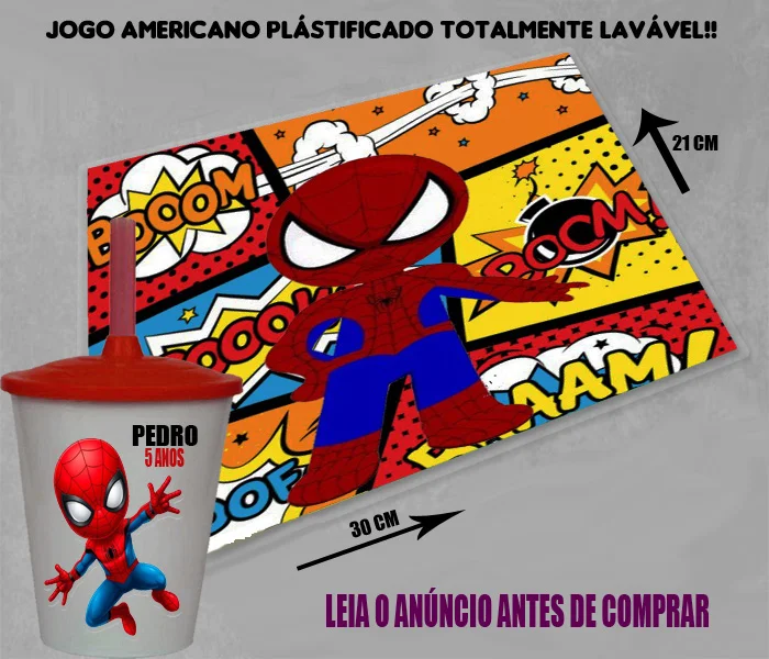 Kit Jogo Americano Sousplast Plastificado+copo twister personalizado Homem Aranha Cute - Imagem 3