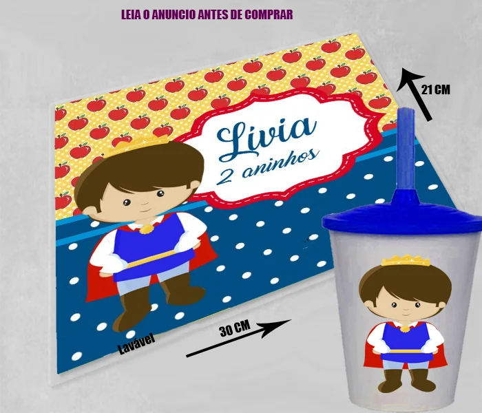 Kit Jogo Americano Sousplast Plastificado+copo twister personalizado Principe cute - Imagem 2