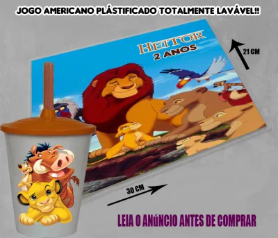 Kit Jogo Americano Sousplast Plastificado+copo twister personalizado do Rei Leão
