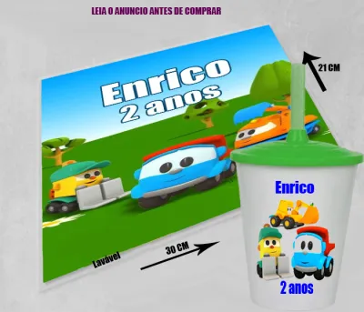 Kit Jogo Americano Sousplast Plastificado+copo twister personalizado Léo o Caminhão