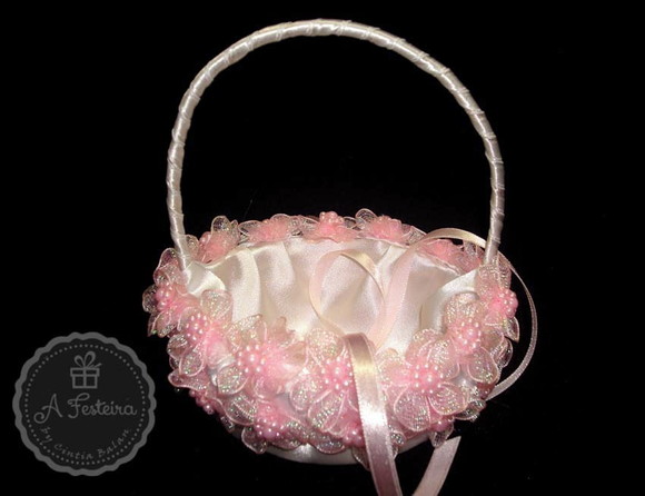 Cestinha Porta Alianças Flor de Pérolas Rosa