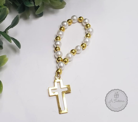Mini Terço Pérola Cruz Dourada