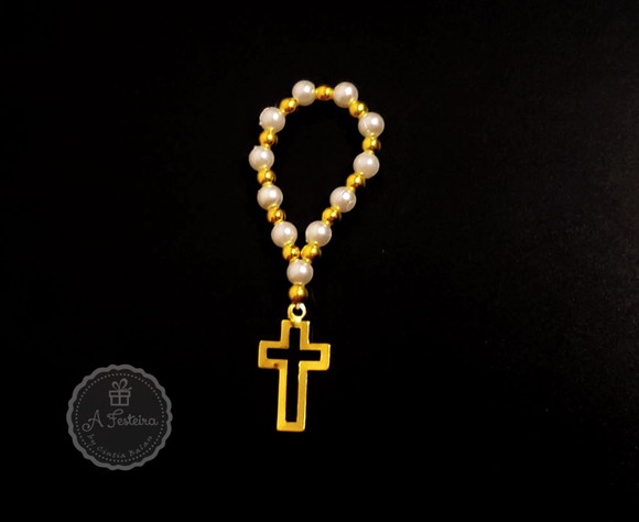 Mini Terço Pérola Cruz Dourada - Imagem 2