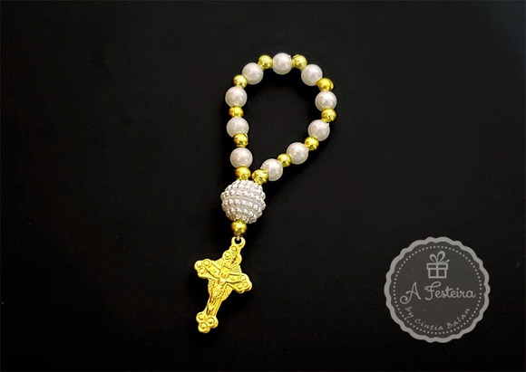 Tercinho com Pérola Craquelada e Crucifixo Dourado