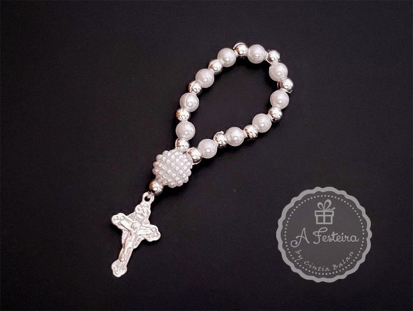 Tercinho com Pérola Craquelada e Crucifixo Prateado