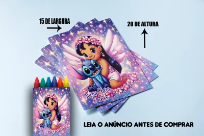 Revista de colorir com Giz de Cera personalizada para Lembrancinhas Lillo e Sticth