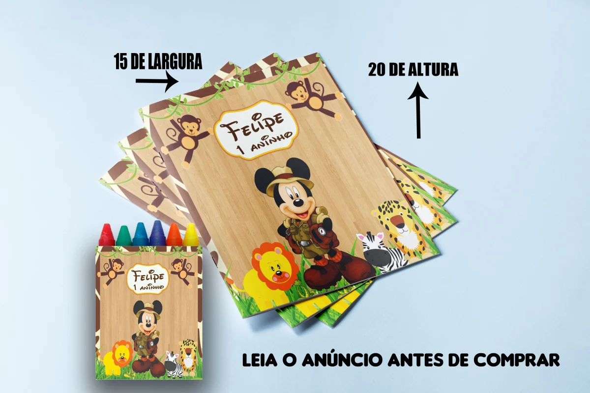 Revista de colorir com Giz de Cera personalizada para Lembrancinhas Mickey Safari - Imagem 1
