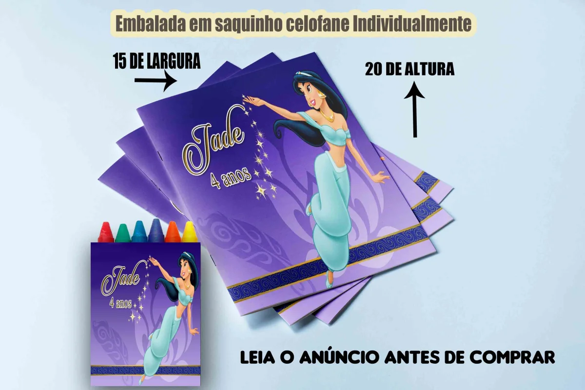 Revista de colorir com Giz de Cera personalizada para Lembrancinhas Princesa Jasmine - Imagem 2