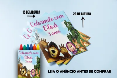 Revista de colorir com Giz de Cera personalizada para Lembrancinhas Marsha e o Urso