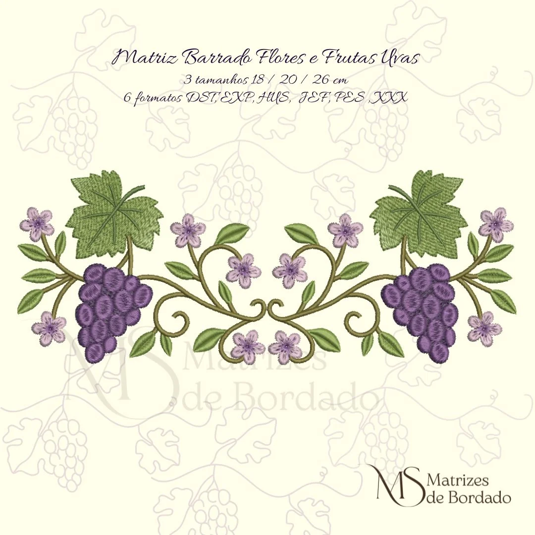 Matriz de Bordado - Barrado Flores e Frutas Uvas - Imagem 1