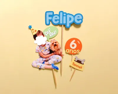 Topo de Bolo Cachorro com Aniversariante Foto Grande